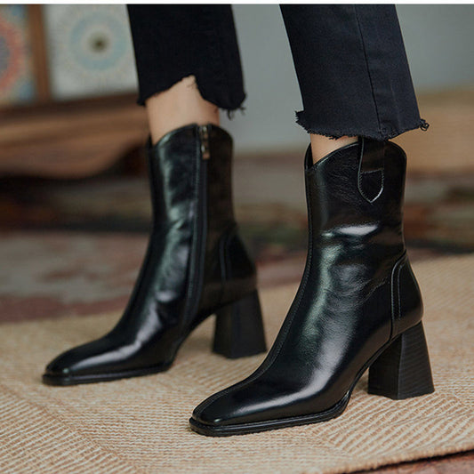 Women Boots Ankle Sock Boots High Heels Square Pointed Toe Leather